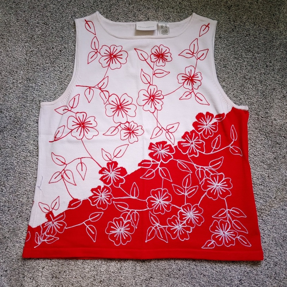 Liz Claiborne Womens XL Red White Floral Embroidered Cotton Knit Tank Top